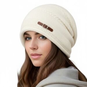 Slouchy Stretchy Winter Cozy Cream Buckle Beanie Knit Hat OS Thick Soft Lined‎